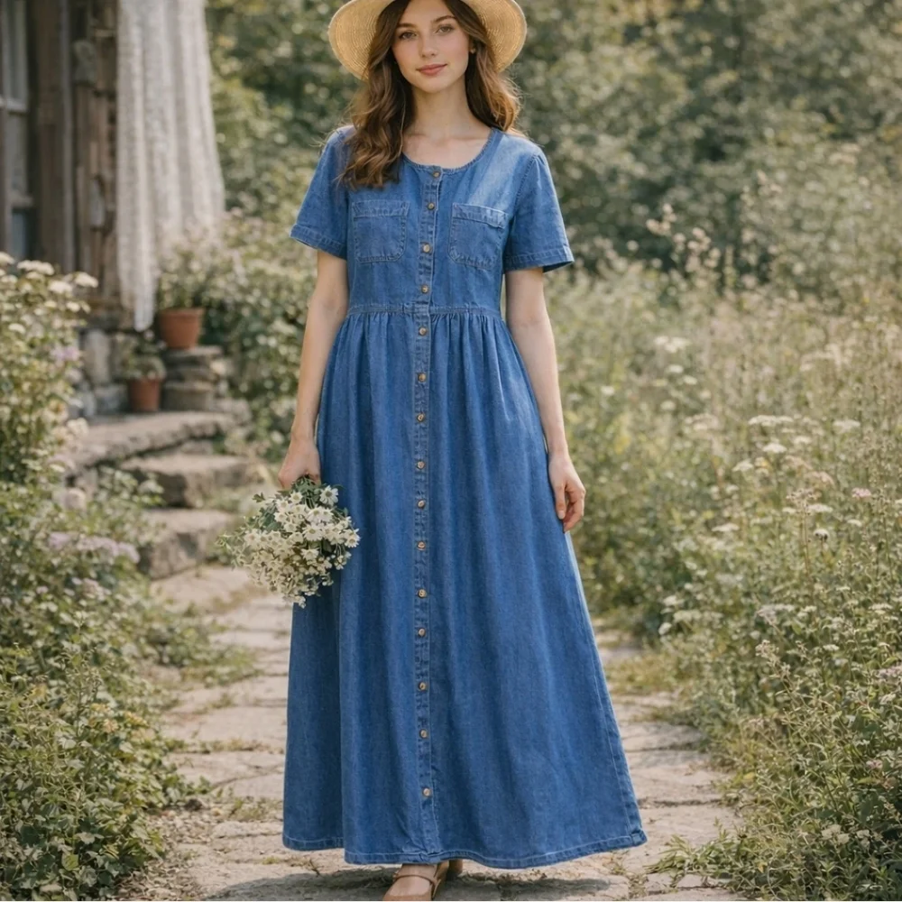 NWOT Vtg 90's Denim Maxi Dress Sz L Button Up Cotton Pockets Cottagecore Western - Picture 1 of 12